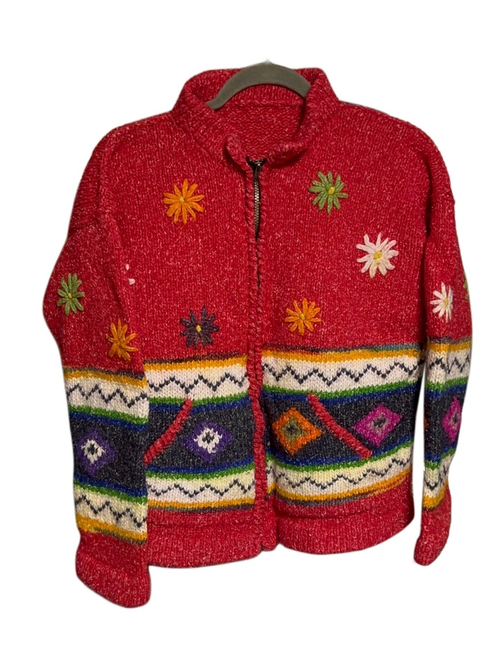 Red Floral Embroidered Zip-Front Sweater Jacket